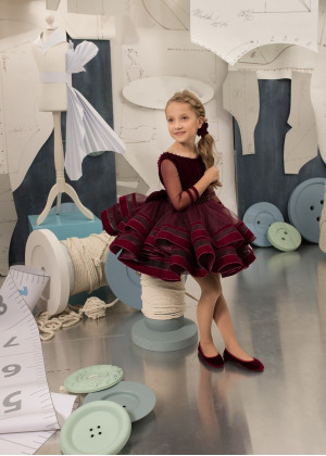 Burgundy Velvet Tulle Pearls Embellished Flower Girl Dress